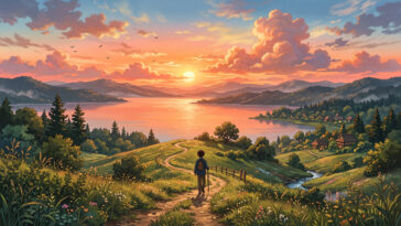 Anime Sunset Scenery Wallpaper 2K Scaled, vibrant landscape, perfect for desktop backgrounds