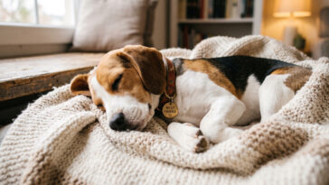 Beagle Sleeping Cozy Blanket Stock Photo Scaled, warm and inviting, perfect for home decor