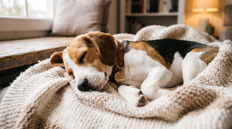 Beagle Sleeping Cozy Blanket Stock Photo Scaled, warm and inviting, perfect for home decor