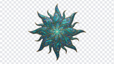 Blue Green Celestial Sun Star Mandala Art PNG with intricate design for digital projects, transparent background PNG.