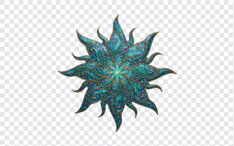 Blue Green Celestial Sun Star Mandala Art PNG with intricate design for digital projects, transparent background PNG.
