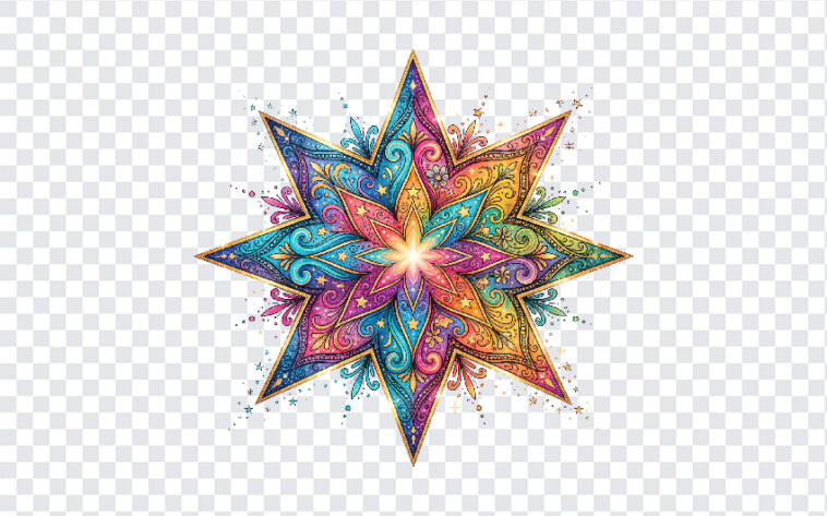 Boho Colorful Mandala Starburst Design PNG with intricate patterns for artistic projects, transparent background PNG.