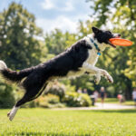 Border Collie Action Shot Park Frisbee Scaled dynamic outdoor scene, perfect for pet-themed designs, transparent background PNG.