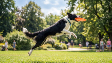 Border Collie Action Shot Park Frisbee Scaled dynamic outdoor scene, perfect for pet-themed designs, transparent background PNG.