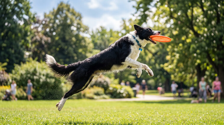 Border Collie Action Shot Park Frisbee Scaled dynamic outdoor scene, perfect for pet-themed designs, transparent background PNG.