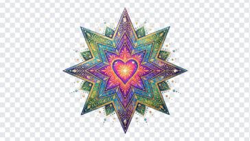 Colorful Heart Centered Mandala Star Pattern PNG with intricate design, ideal for digital art and design projects, transparent background PNG.