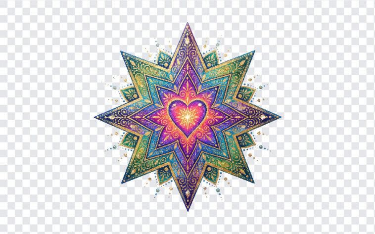 Colorful Heart Centered Mandala Star Pattern PNG with intricate design, ideal for digital art and design projects, transparent background PNG.