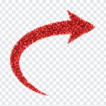 Curved Glitter Red Arrow PNG with sparkling design for presentations and graphics, transparent background PNG.