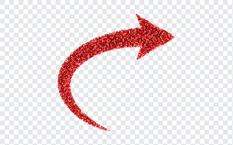 Curved Glitter Red Arrow PNG with sparkling design for presentations and graphics, transparent background PNG.