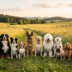 Diverse Dog Breeds Group Photo Field Scaled, natural setting, pet photography, transparent background PNG.