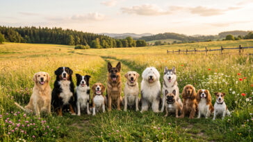 Diverse Dog Breeds Group Photo Field Scaled, natural setting, pet photography, transparent background PNG.