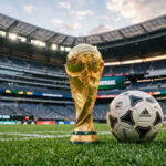 FIFA World Cup 2026 Soccer Ball On Stadium Grass Scaled, realistic sports scene, transparent background PNG.