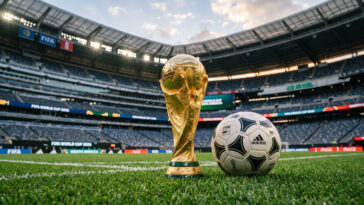 FIFA World Cup 2026 Soccer Ball On Stadium Grass Scaled, realistic sports scene, transparent background PNG.