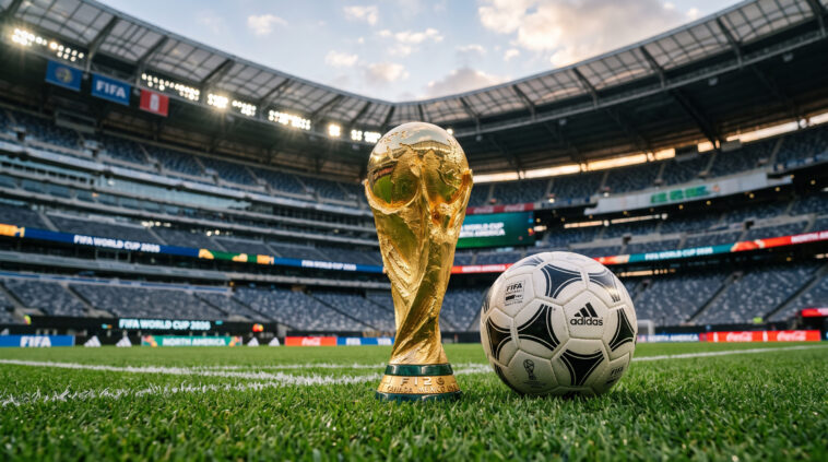 FIFA World Cup 2026 Soccer Ball On Stadium Grass Scaled, realistic sports scene, transparent background PNG.