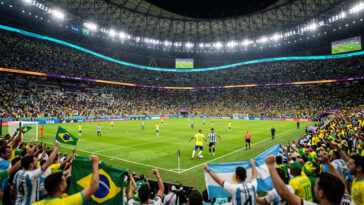 FIFA World Cup Stadium Night Match Scaled image of a vibrant soccer game with fans and players, perfect for sports blogs and event promotions, transparent background PNG.