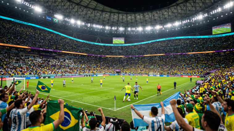 FIFA World Cup Stadium Night Match Scaled image of a vibrant soccer game with fans and players, perfect for sports blogs and event promotions, transparent background PNG.