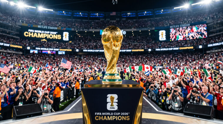 Football Trophy On Stadium Podium Scaled with crowd background, ideal for sports events, transparent background PNG.