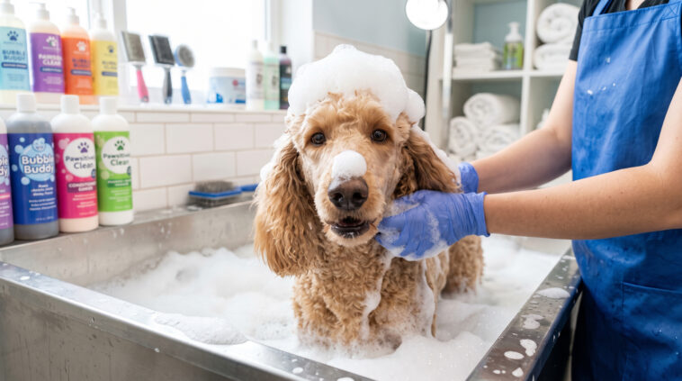 Funny Poodle Bath Bubbles Grooming Scaled in a playful setting, perfect for pet care ads, transparent background PNG.