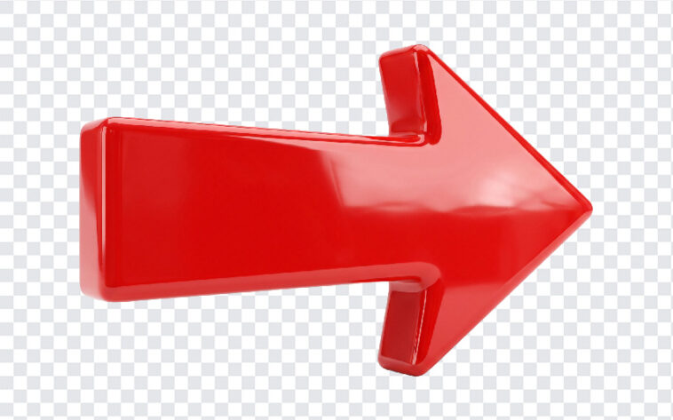 Glossy 3D Red Arrow PNG with a shiny finish, ideal for presentations and web design, transparent background PNG.