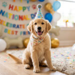 Golden Retriever Puppy Birthday Celebration Scaled with festive decor, perfect for party invites, transparent background PNG.