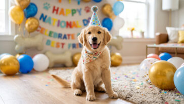 Golden Retriever Puppy Birthday Celebration Scaled with festive decor, perfect for party invites, transparent background PNG.