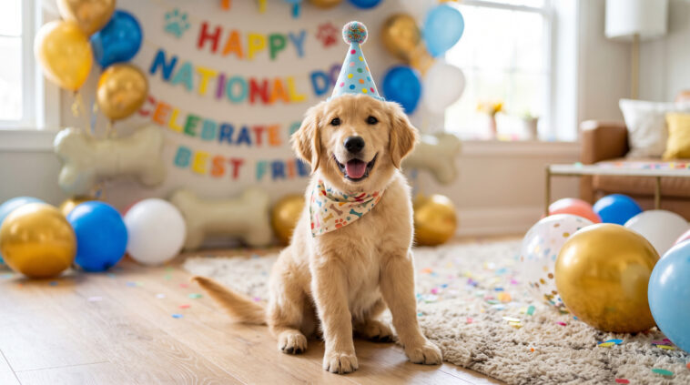Golden Retriever Puppy Birthday Celebration Scaled with festive decor, perfect for party invites, transparent background PNG.