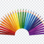 Pencil Crayon Set PNG Transparent featuring a colorful arc of pencils, ideal for design projects, transparent background PNG.