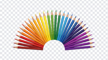 Pencil Crayon Set PNG Transparent featuring a colorful arc of pencils, ideal for design projects, transparent background PNG.