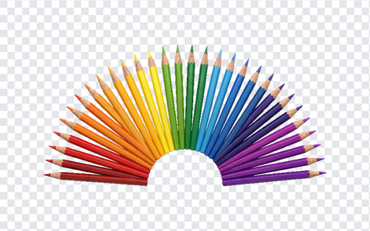 Pencil Crayon Set PNG Transparent featuring a colorful arc of pencils, ideal for design projects, transparent background PNG.