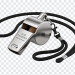 Professional Referee Whistle PNG featuring a metal whistle with lanyard, ideal for sports, transparent background PNG.