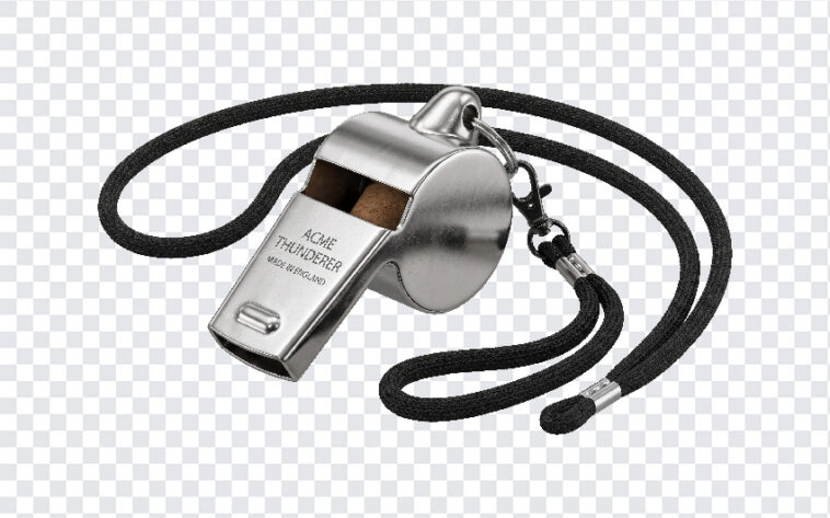 Professional Referee Whistle PNG featuring a metal whistle with lanyard, ideal for sports, transparent background PNG.