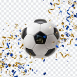 Soccer Ball With Confetti Celebration PNG featuring dynamic confetti design, perfect for sports events and festive graphics, transparent background PNG.