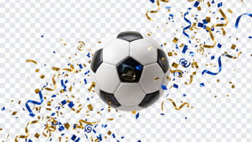 Soccer Ball With Confetti Celebration PNG featuring dynamic confetti design, perfect for sports events and festive graphics, transparent background PNG.