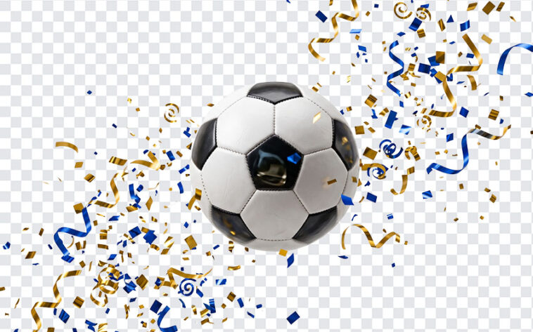 Soccer Ball With Confetti Celebration PNG featuring dynamic confetti design, perfect for sports events and festive graphics, transparent background PNG.