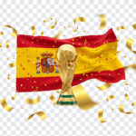 Spain Celebrating Fifa World Cup 2026 PNG with flag and trophy, festive design, transparent background PNG.