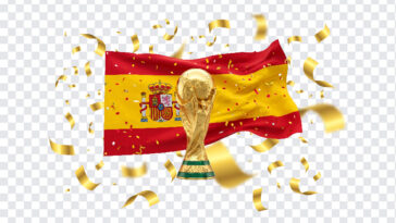Spain Celebrating Fifa World Cup 2026 PNG with flag and trophy, festive design, transparent background PNG.