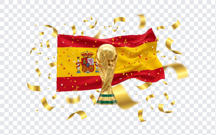 Spain Celebrating Fifa World Cup 2026 PNG with flag and trophy, festive design, transparent background PNG.