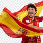 Spain Football Fan Fifa World Cup 2026 PNG with enthusiastic supporter waving flag, transparent background PNG.