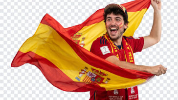 Spain Football Fan Fifa World Cup 2026 PNG with enthusiastic supporter waving flag, transparent background PNG.