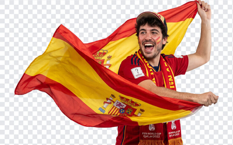 Spain Football Fan Fifa World Cup 2026 PNG with enthusiastic supporter waving flag, transparent background PNG.
