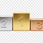 Sports Winners Podium Gold Silver Bronze PNG featuring metallic blocks for ranking, ideal for sports graphics and achievements, transparent background PNG.