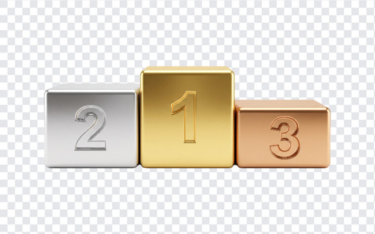 Sports Winners Podium Gold Silver Bronze PNG featuring metallic blocks for ranking, ideal for sports graphics and achievements, transparent background PNG.