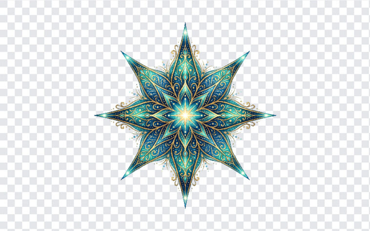 Turquoise Crystal Star Mandala Pattern PNG with intricate design for art projects, transparent background PNG.