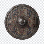 Viking Shield PNG with rustic design and detailed texture, perfect for historical projects, transparent background PNG.