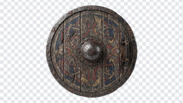 Viking Shield PNG with rustic design and detailed texture, perfect for historical projects, transparent background PNG.