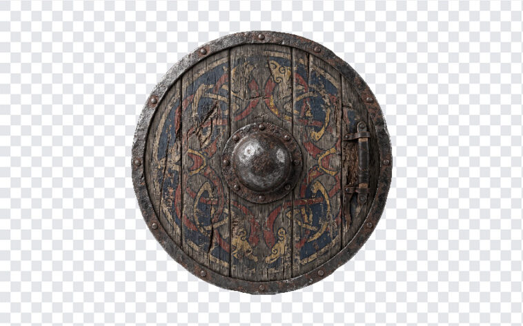 Viking Shield PNG with rustic design and detailed texture, perfect for historical projects, transparent background PNG.