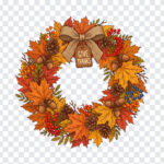 Autumn Thanksgiving Wreath Graphic PNG with fall leaves and acorns, perfect for seasonal designs, transparent background PNG.