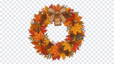Autumn Thanksgiving Wreath Graphic PNG with fall leaves and acorns, perfect for seasonal designs, transparent background PNG.