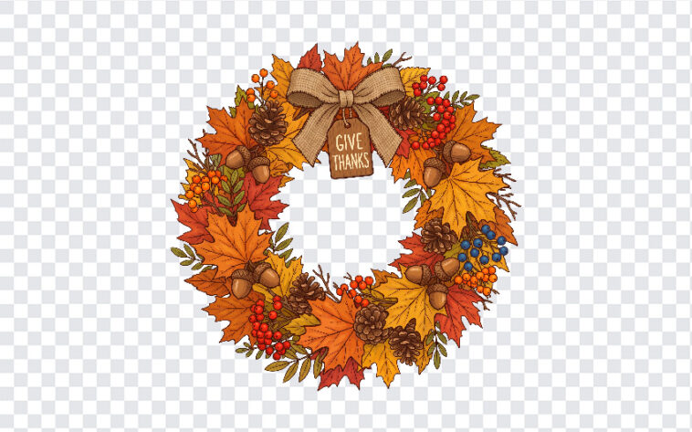 Autumn Thanksgiving Wreath Graphic PNG with fall leaves and acorns, perfect for seasonal designs, transparent background PNG.