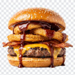 BBQ Bacon Cheeseburger Onion Rings Transparent PNG with realistic style for food blogs, transparent background PNG.